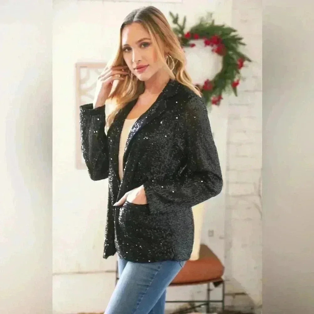 Black Sequin Lapel Collar Pocketed Holiday Jacket